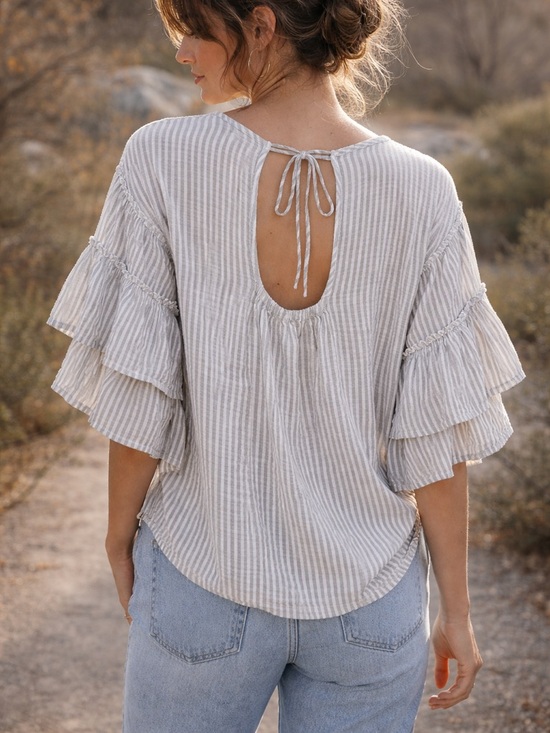 Chelsea & Theodore Tops - Gray Striped Ruffle Sleeve Flowy Top